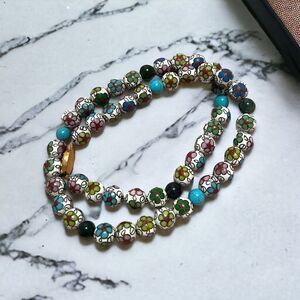 Vintage Cloisonne And Genuine Semi-Precious Stone Necklace Excellent Condition